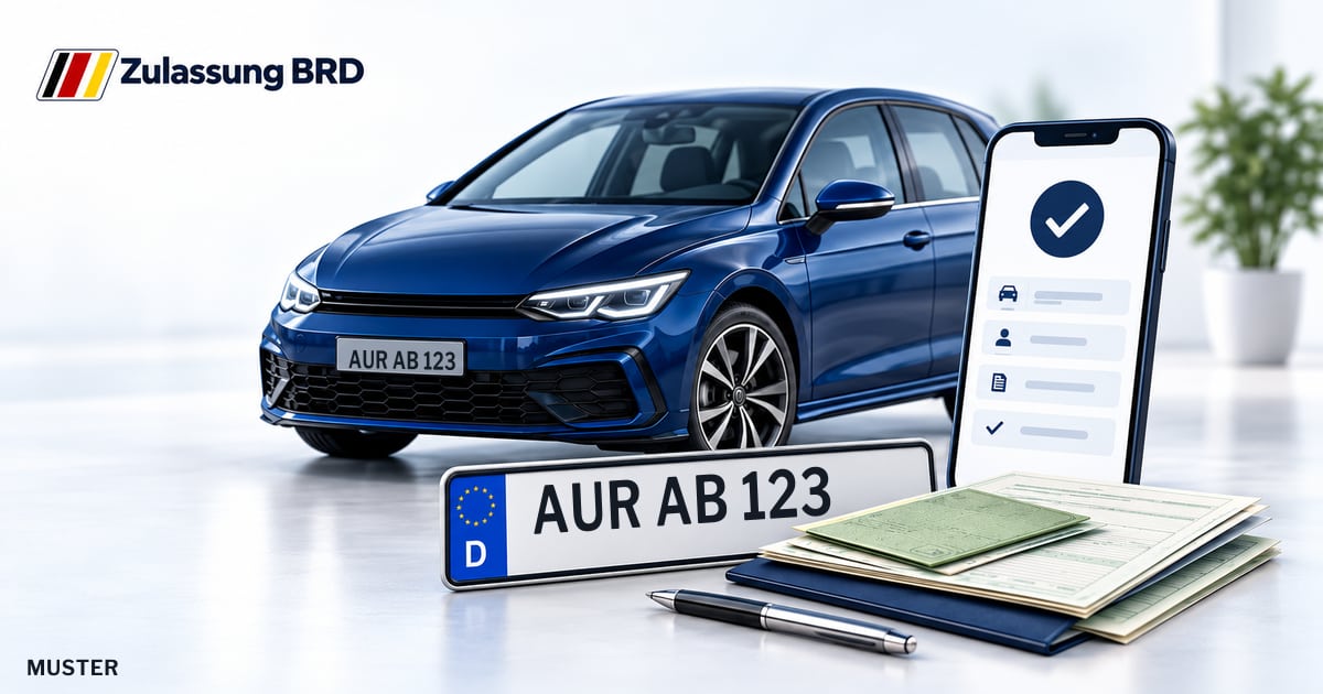 Online Fahrzeugzulassung in Krummhörn: Musterkennzeichen AUR AB 123, Auto und Fahrzeugpapiere und Smartphone. Illustration mit Logo von Zulassung BRD.